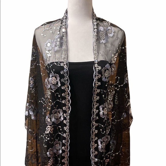 Accessories - Glittering Black Silver Sequin Fringed Evening Scarf/ Shawl Wrap NEW